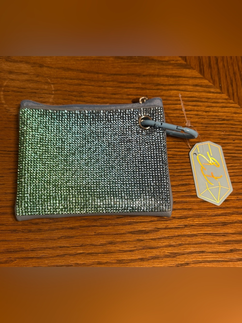 Rhinestone Ombre Card Holder Coin Purse Green Gray Crystal Wallet Keychain NWT